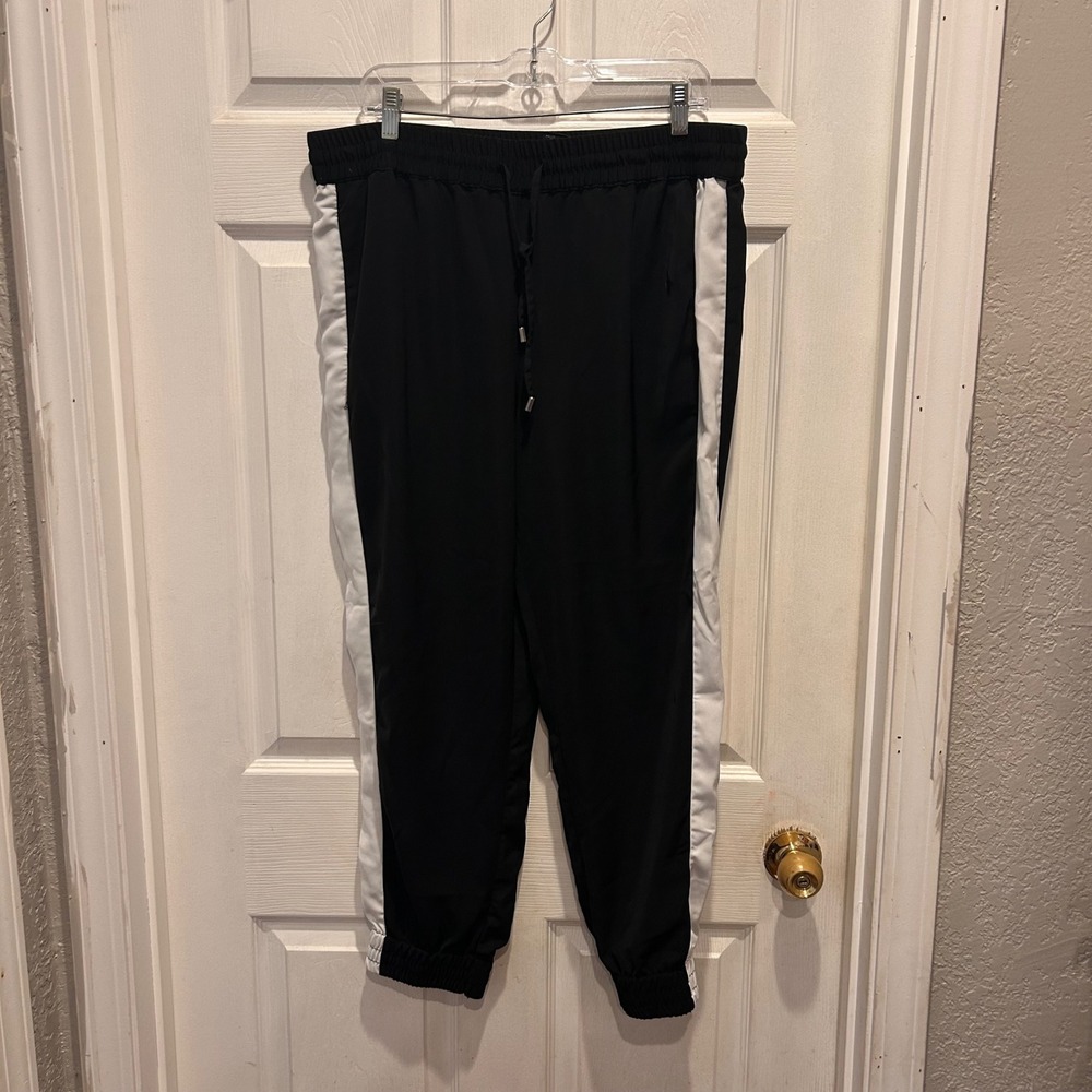 Mossimo Womens Black White Stripe Jogger Pants Elastic Waist Drawstring Large